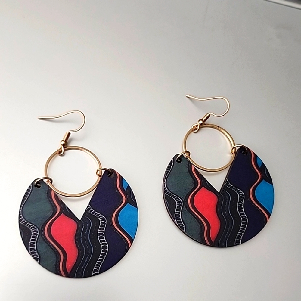 Boho Gypsy Wood  70s pattern Colorful  Gold Dangle Earrings